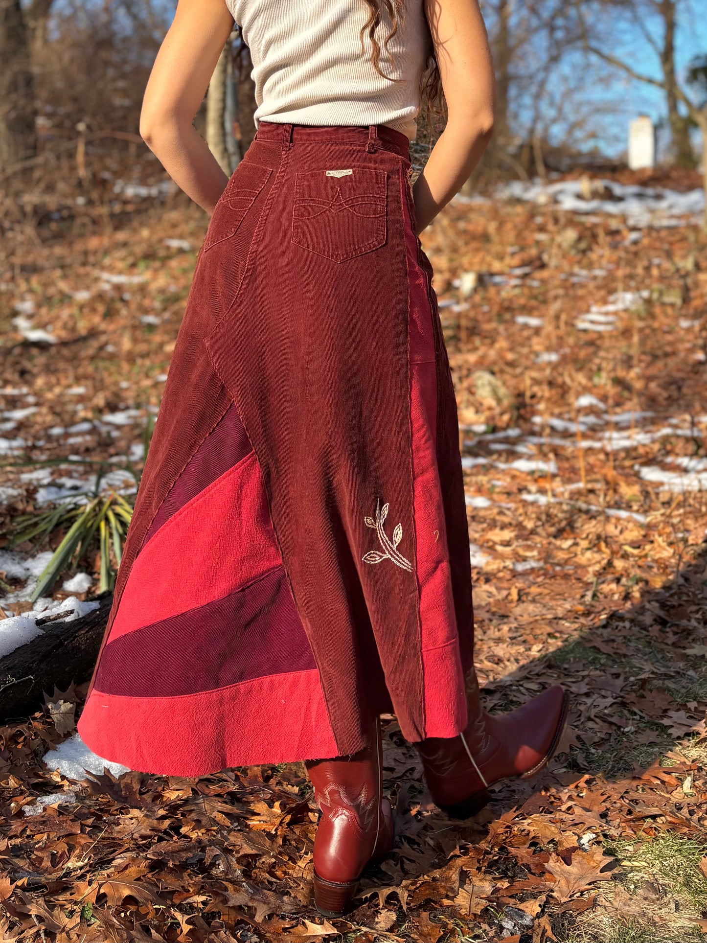 Sunbeam Embroidered Rust Corduroy Skirt