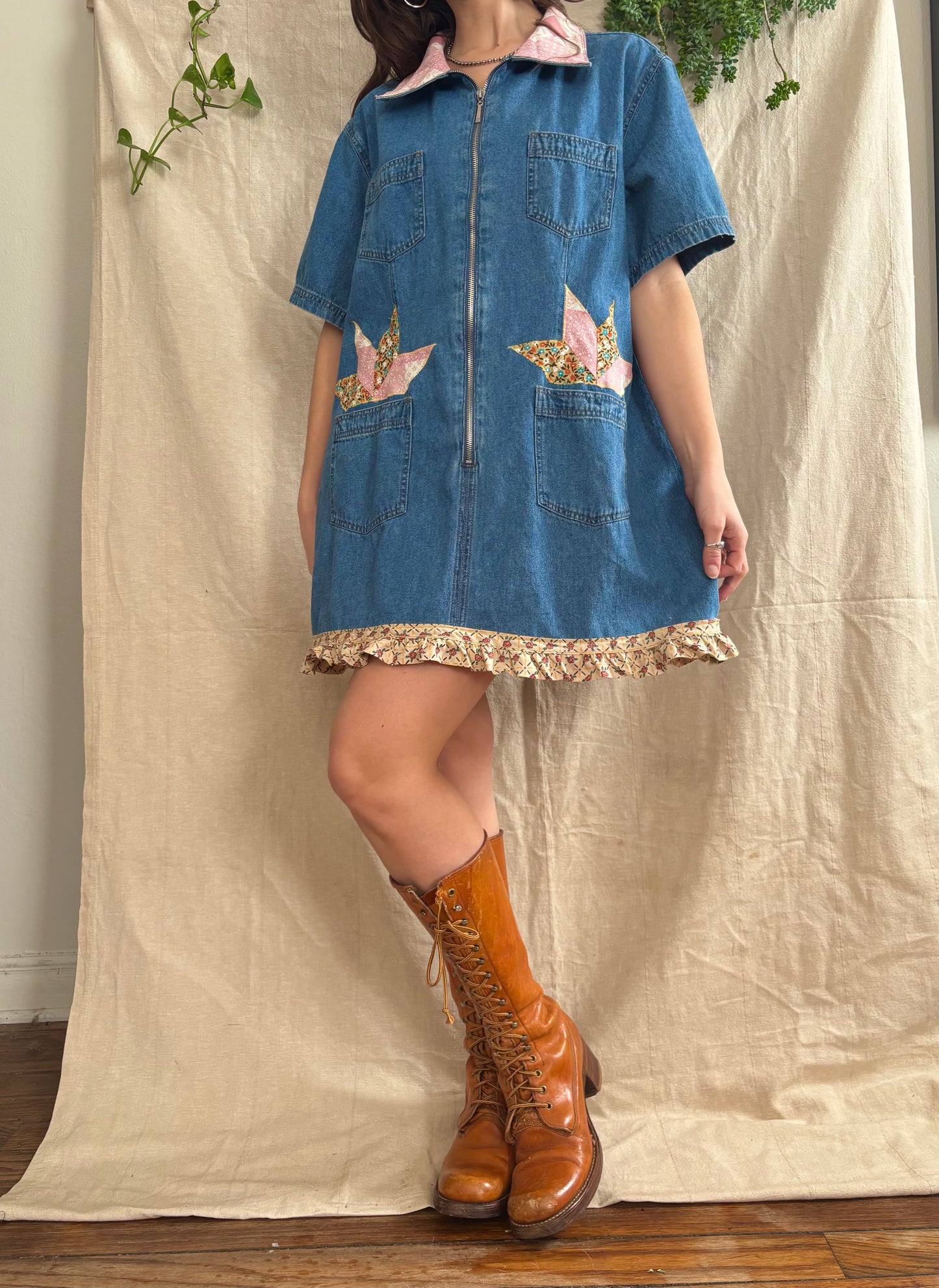 Patched & Embroidered Denim Shirt Dress