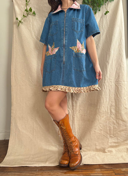 Patched & Embroidered Denim Shirt Dress