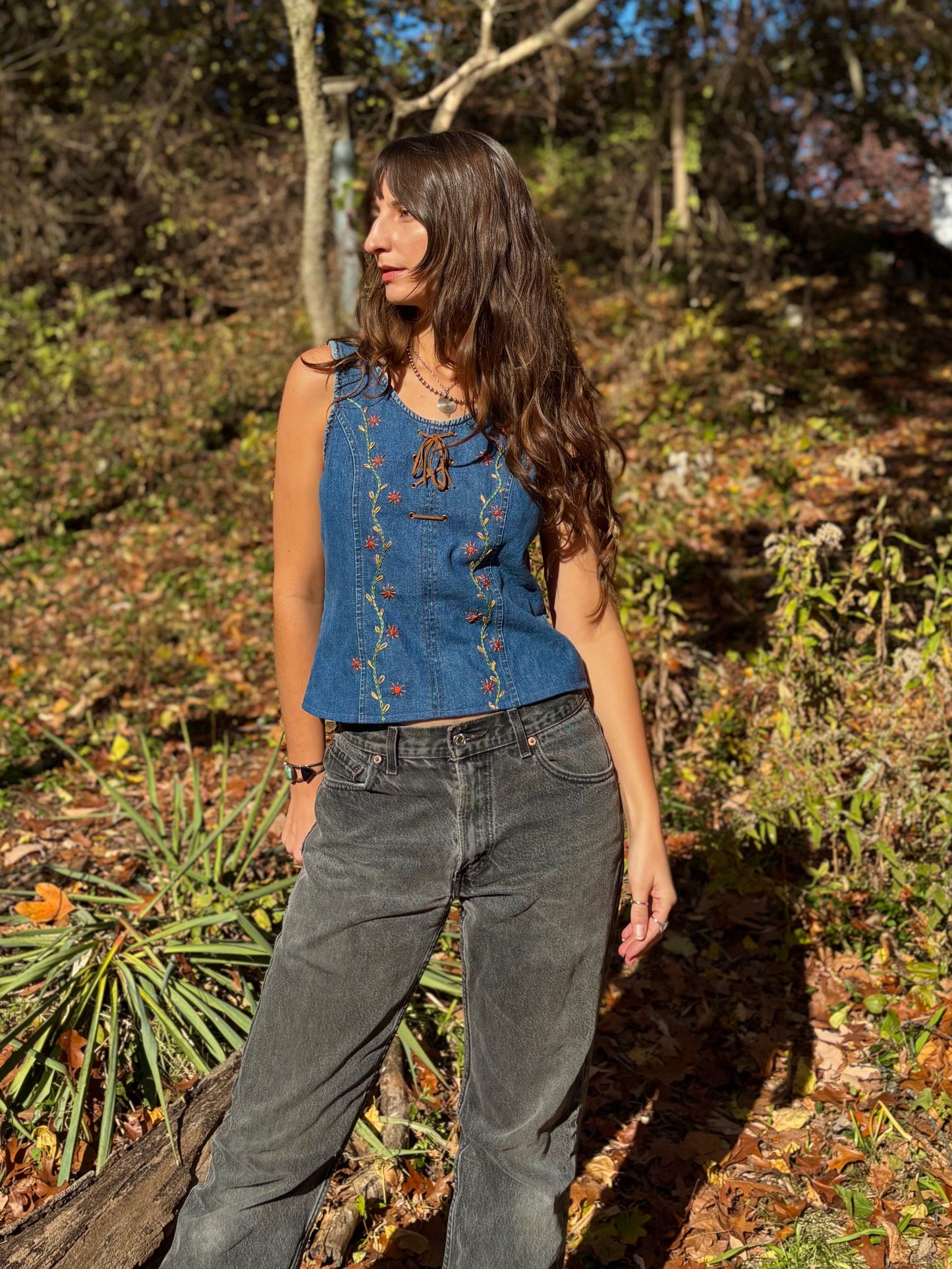 Y2K Embroidered Lace-up Denim Tank