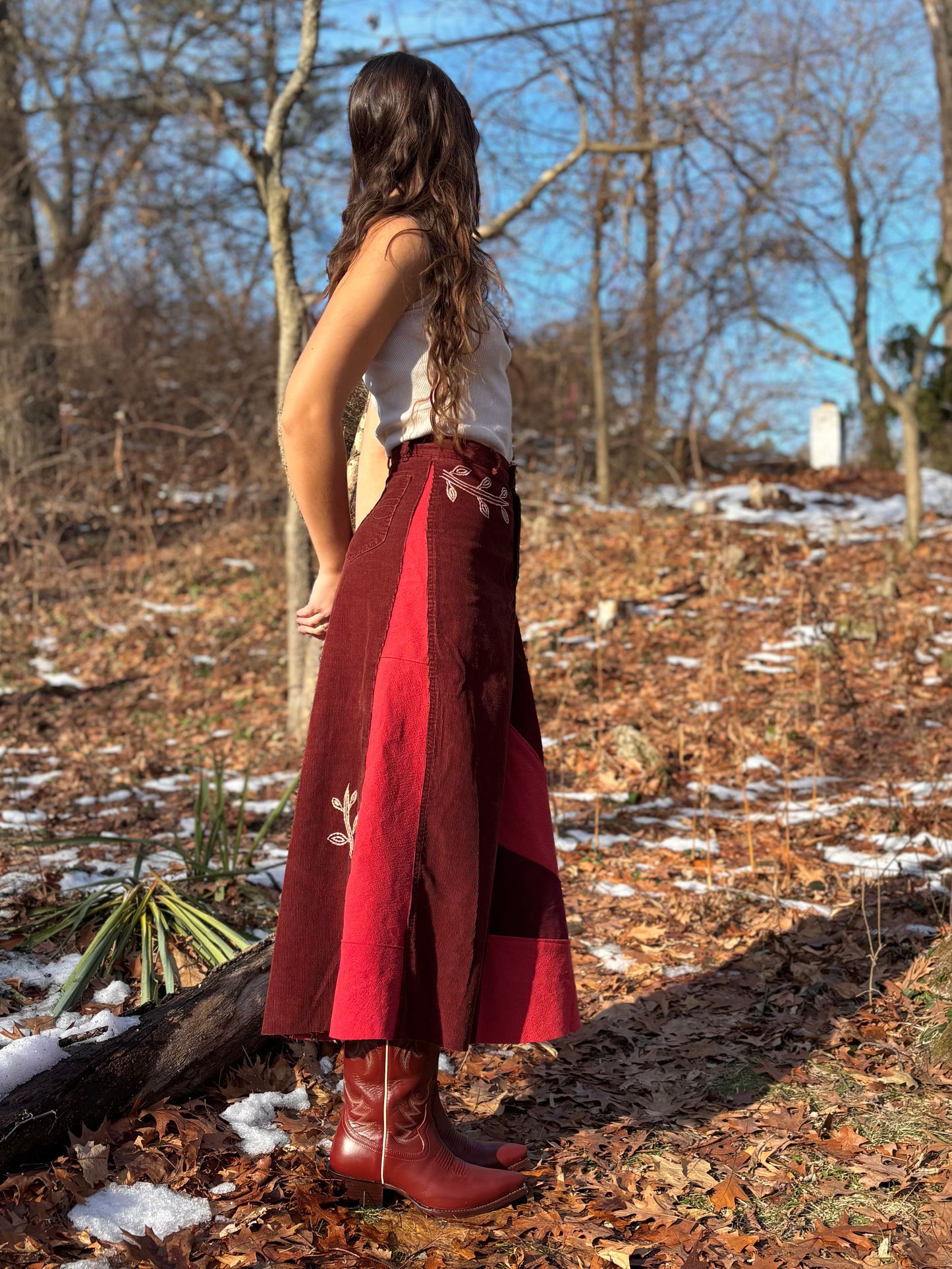 Sunbeam Embroidered Rust Corduroy Skirt