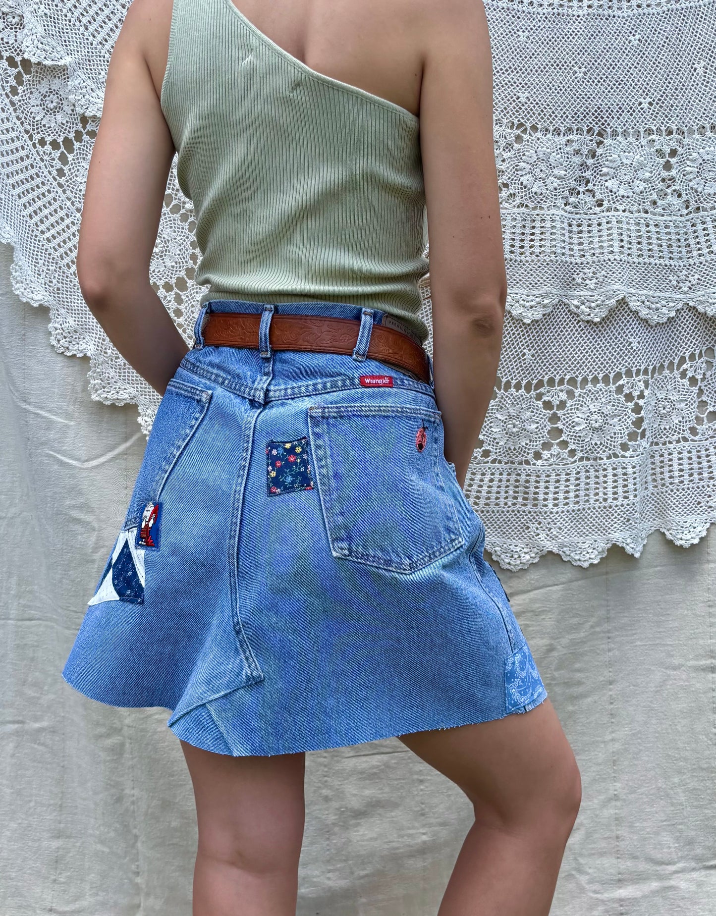 Ladybug Embroidered & Patched Wrangler Mini Skirt