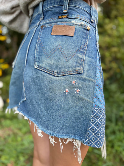 Hand Embroidered Calico Wrangler Mini Skirt