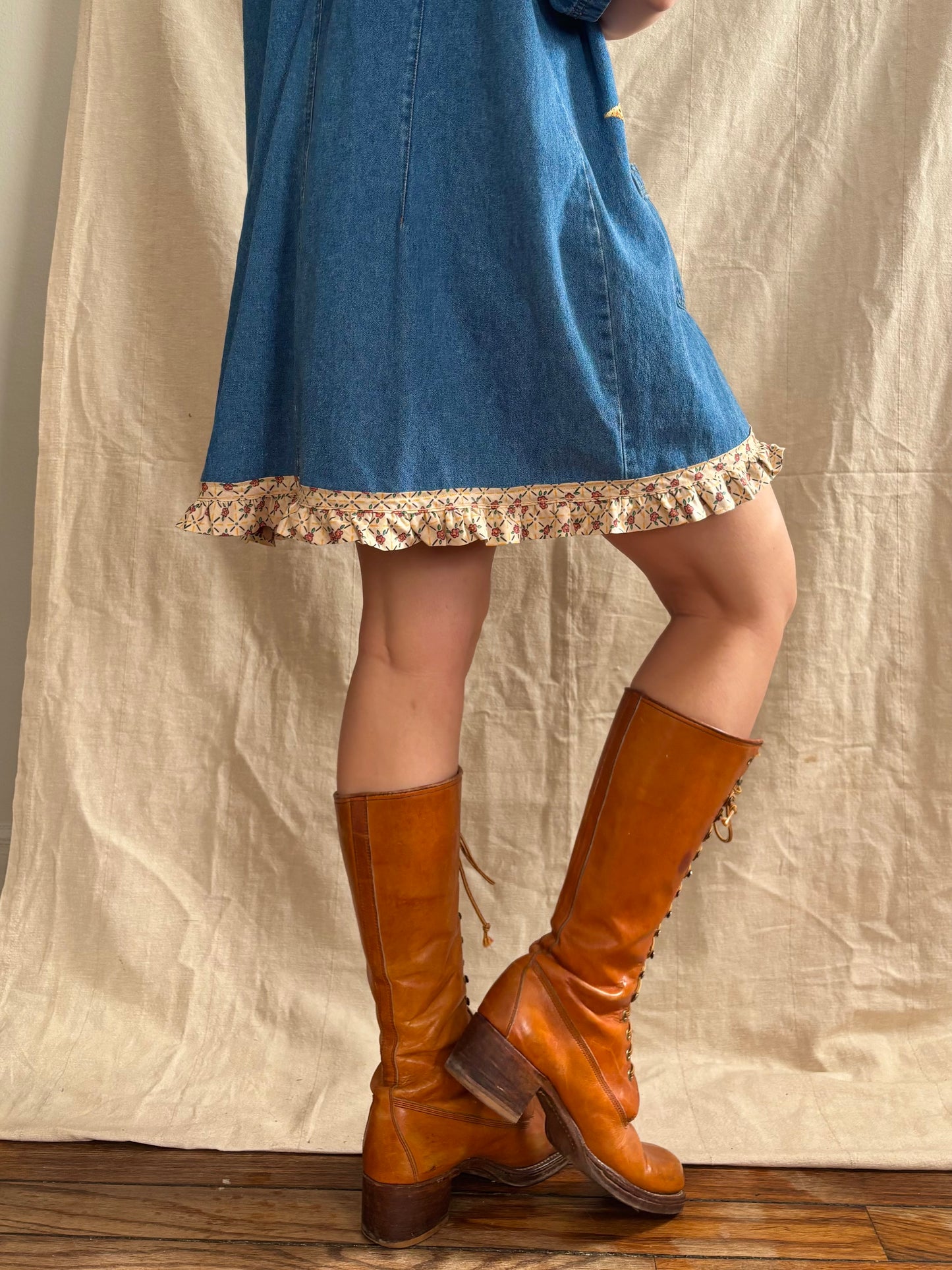 Patched & Embroidered Denim Shirt Dress