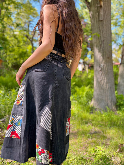 Black Embroidered Quilt Skirt