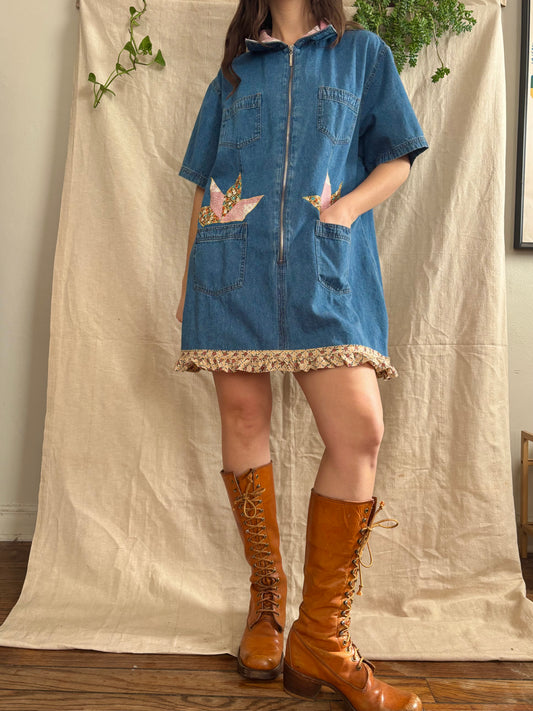 Patched & Embroidered Denim Shirt Dress