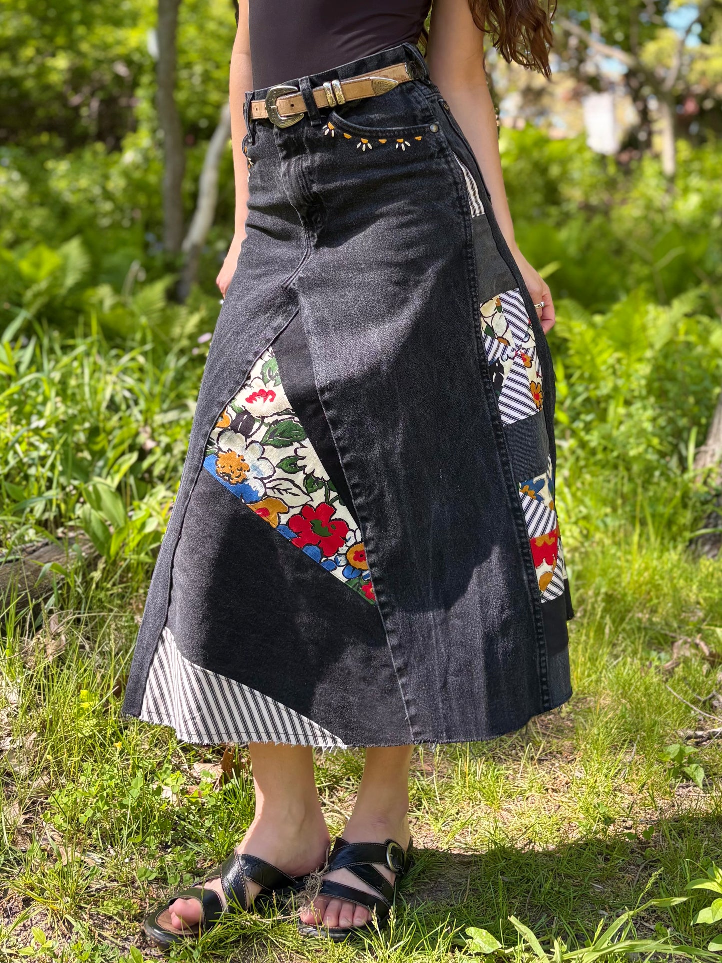 Black Embroidered Quilt Skirt