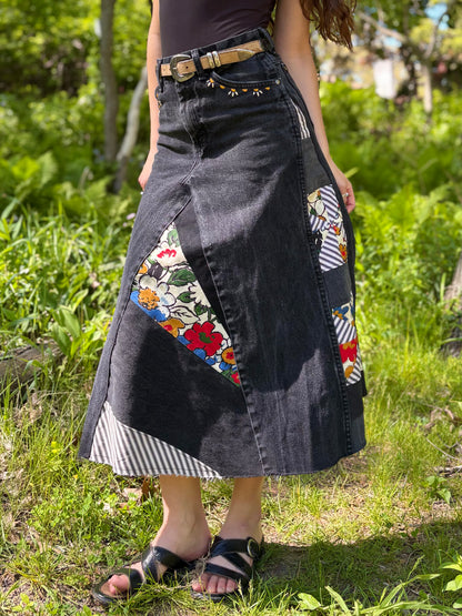Black Embroidered Quilt Skirt