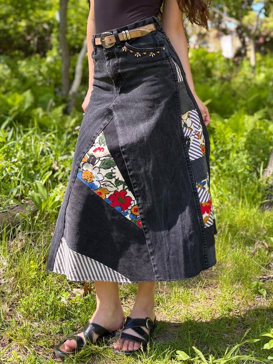 Black Embroidered Quilt Skirt