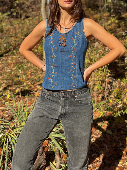 Y2K Embroidered Lace-up Denim Tank
