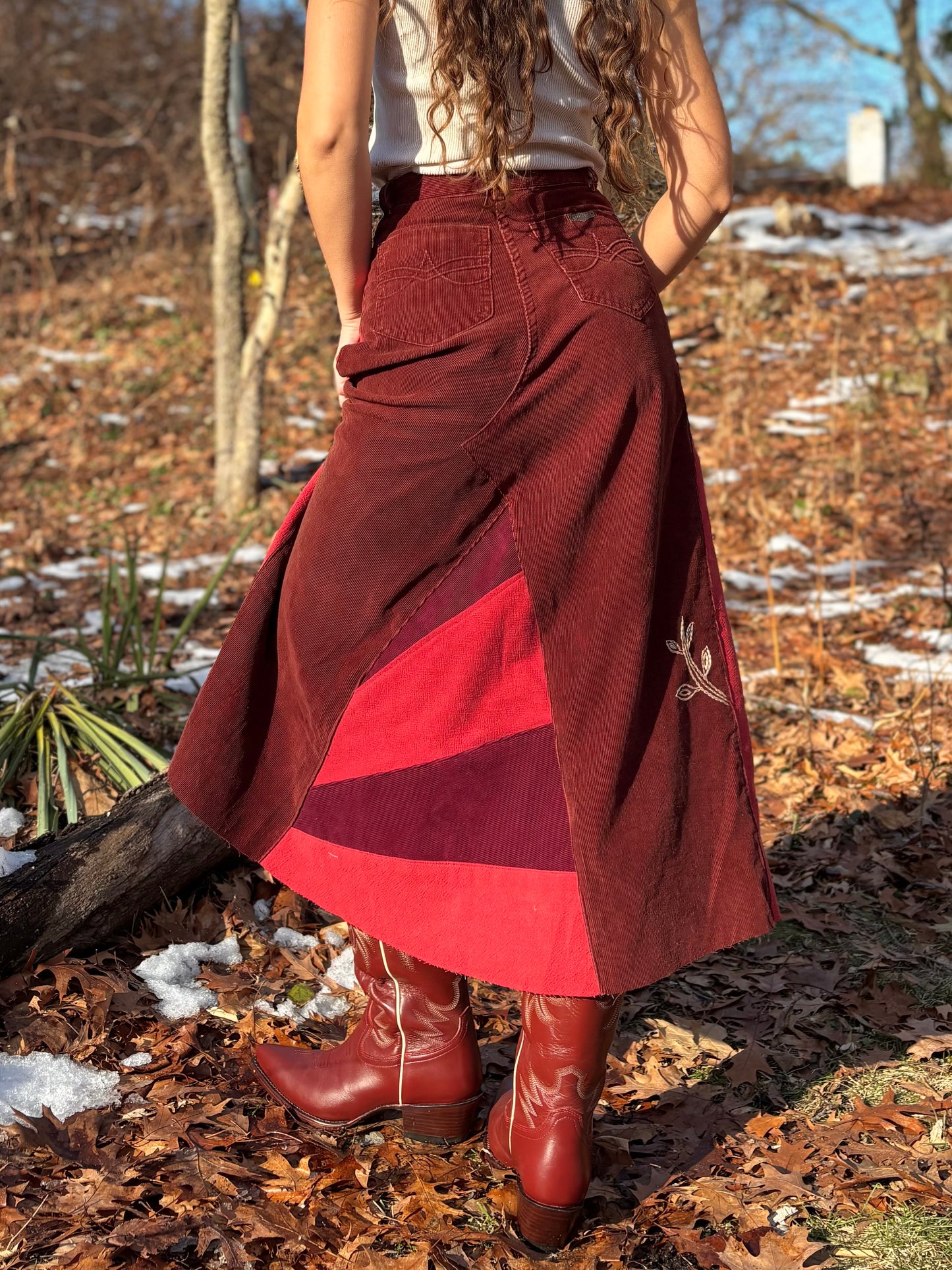 Sunbeam Embroidered Rust Corduroy Skirt
