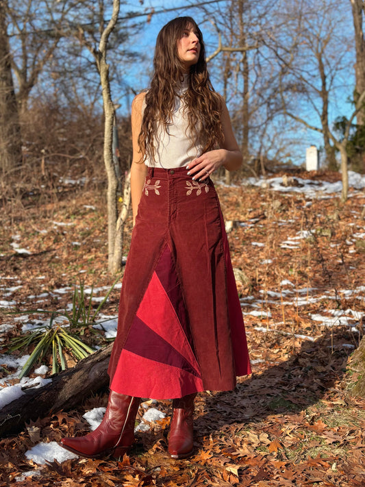 Sunbeam Embroidered Rust Corduroy Skirt