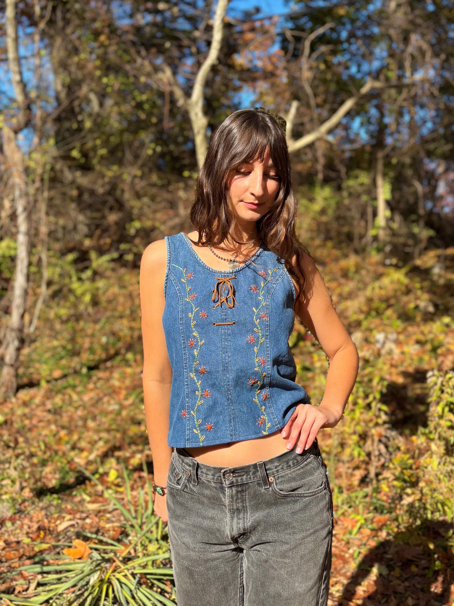 Y2K Embroidered Lace-up Denim Tank