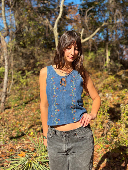 Y2K Embroidered Lace-up Denim Tank
