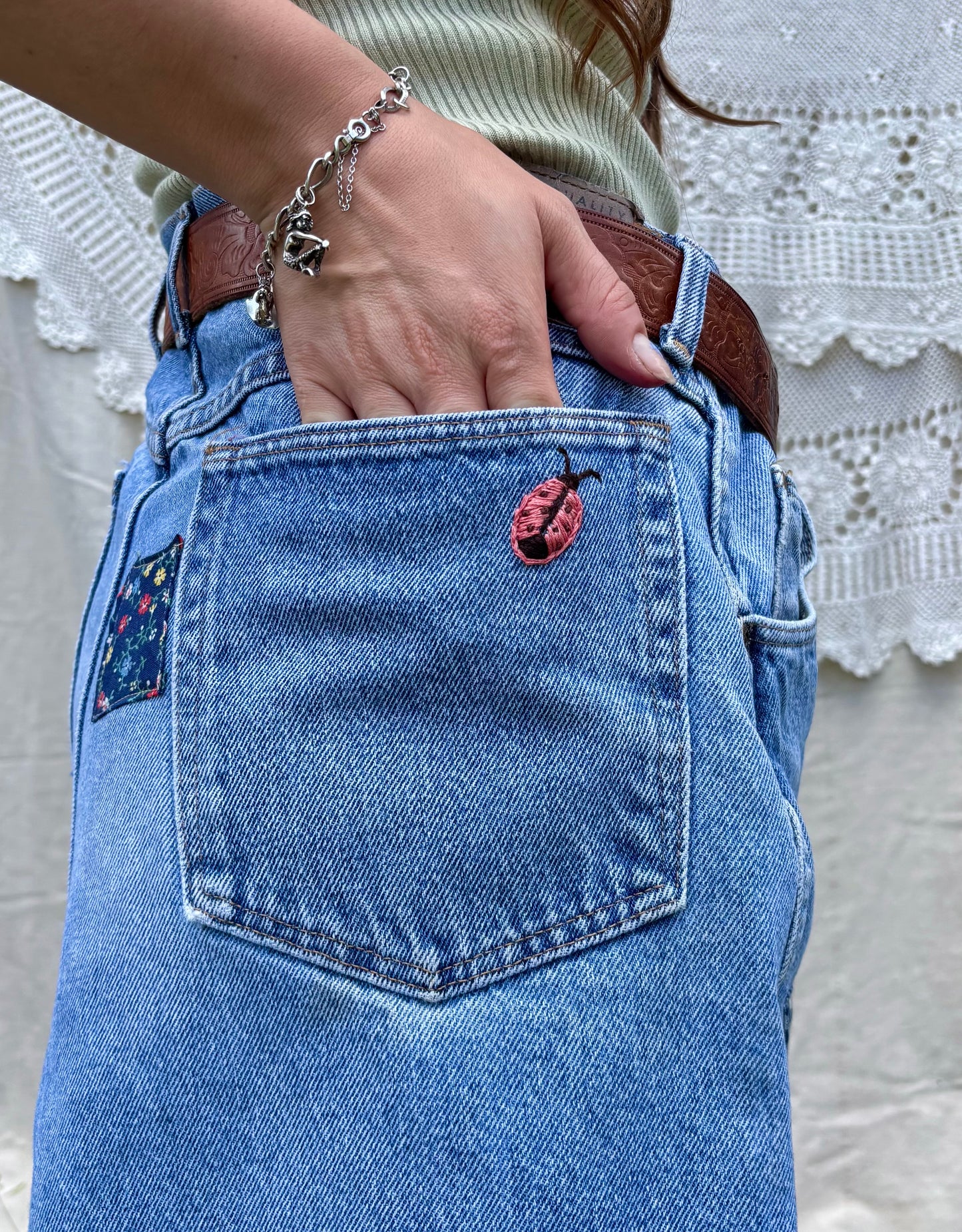 Ladybug Embroidered & Patched Wrangler Mini Skirt