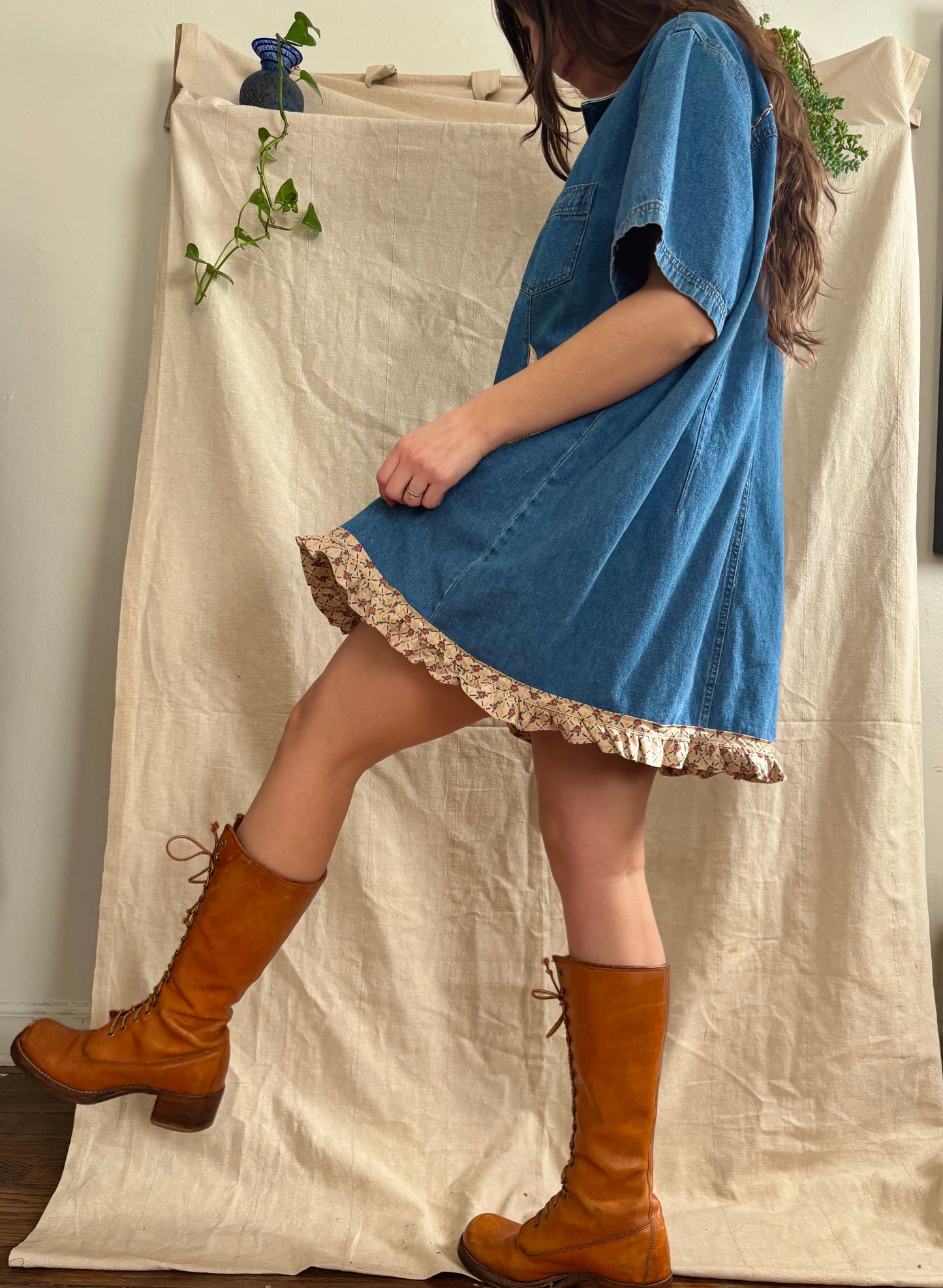 Patched & Embroidered Denim Shirt Dress