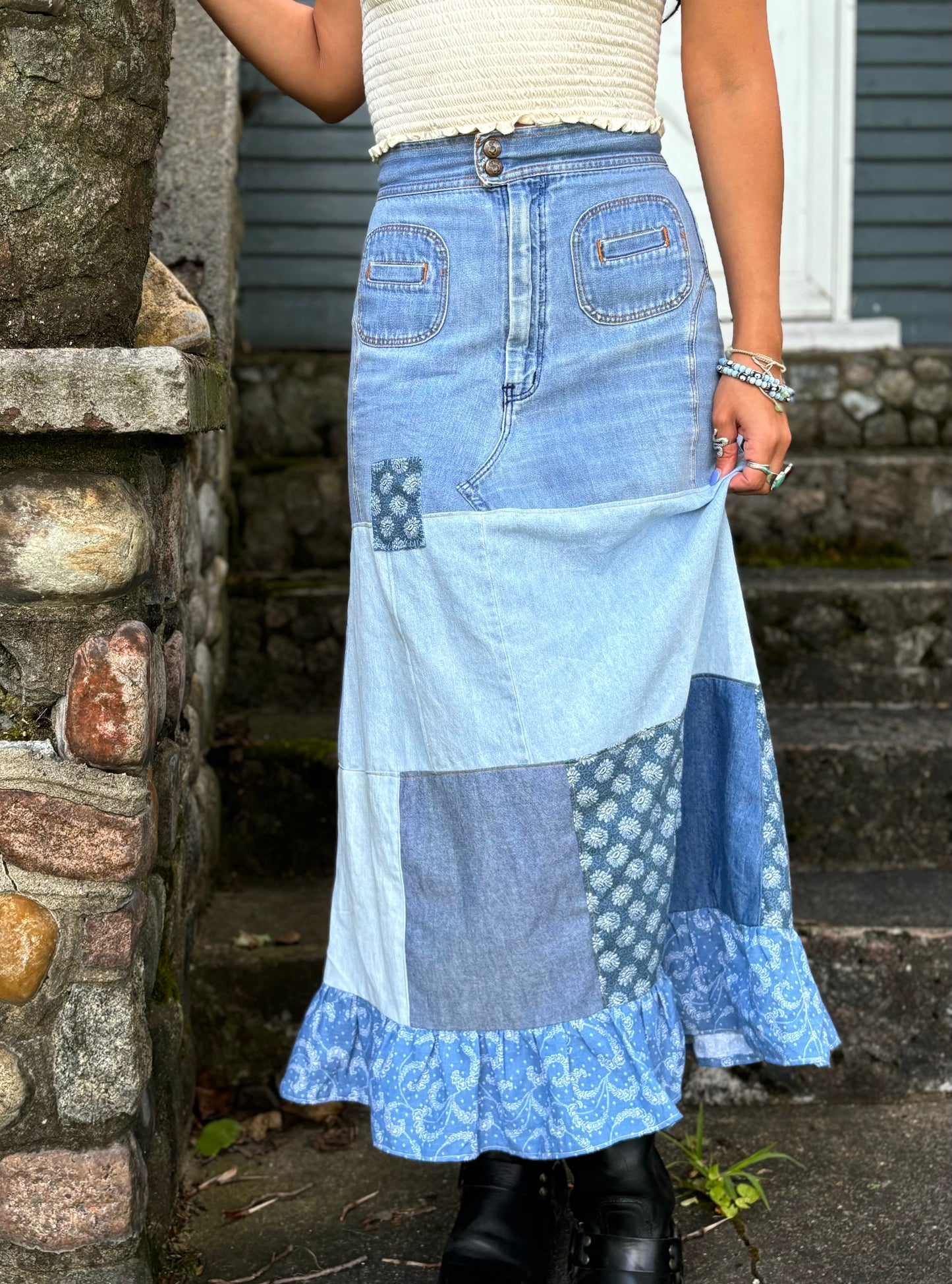 Chambray Ruffle Patchwork Skirt