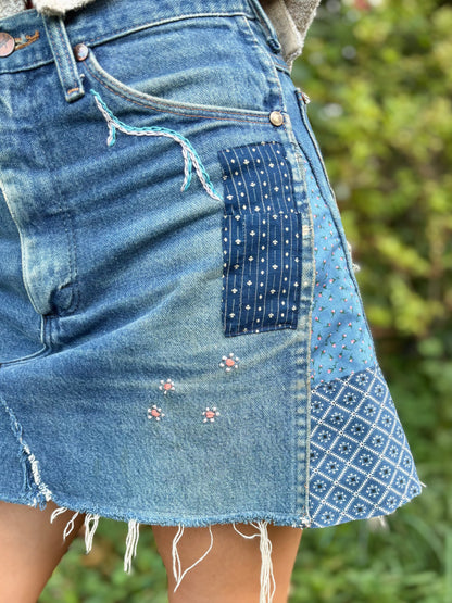 Hand Embroidered Calico Wrangler Mini Skirt