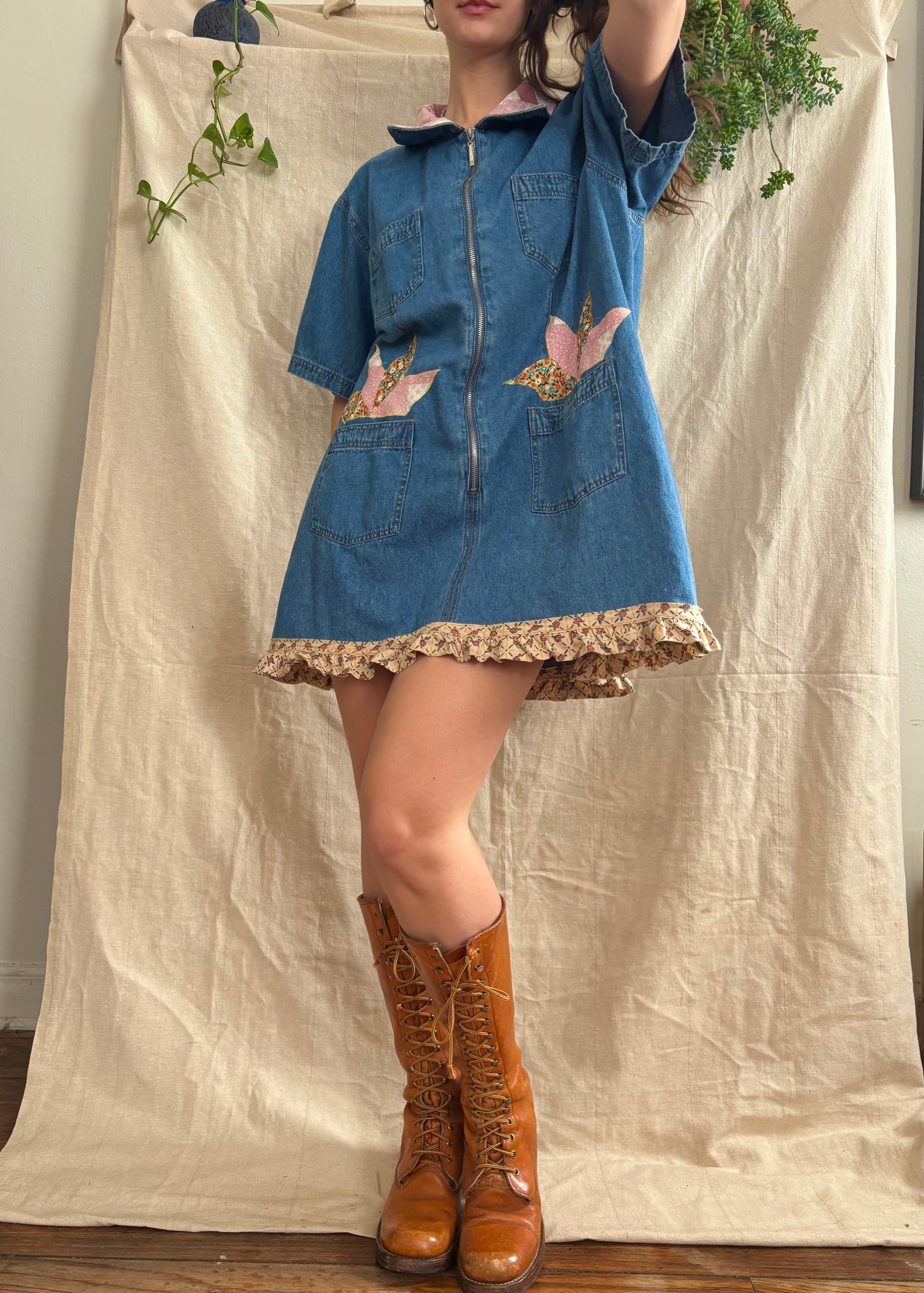 Patched & Embroidered Denim Shirt Dress