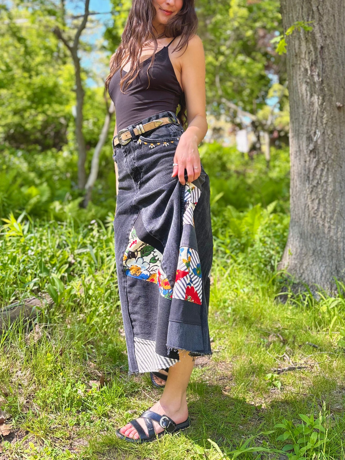 Black Embroidered Quilt Skirt