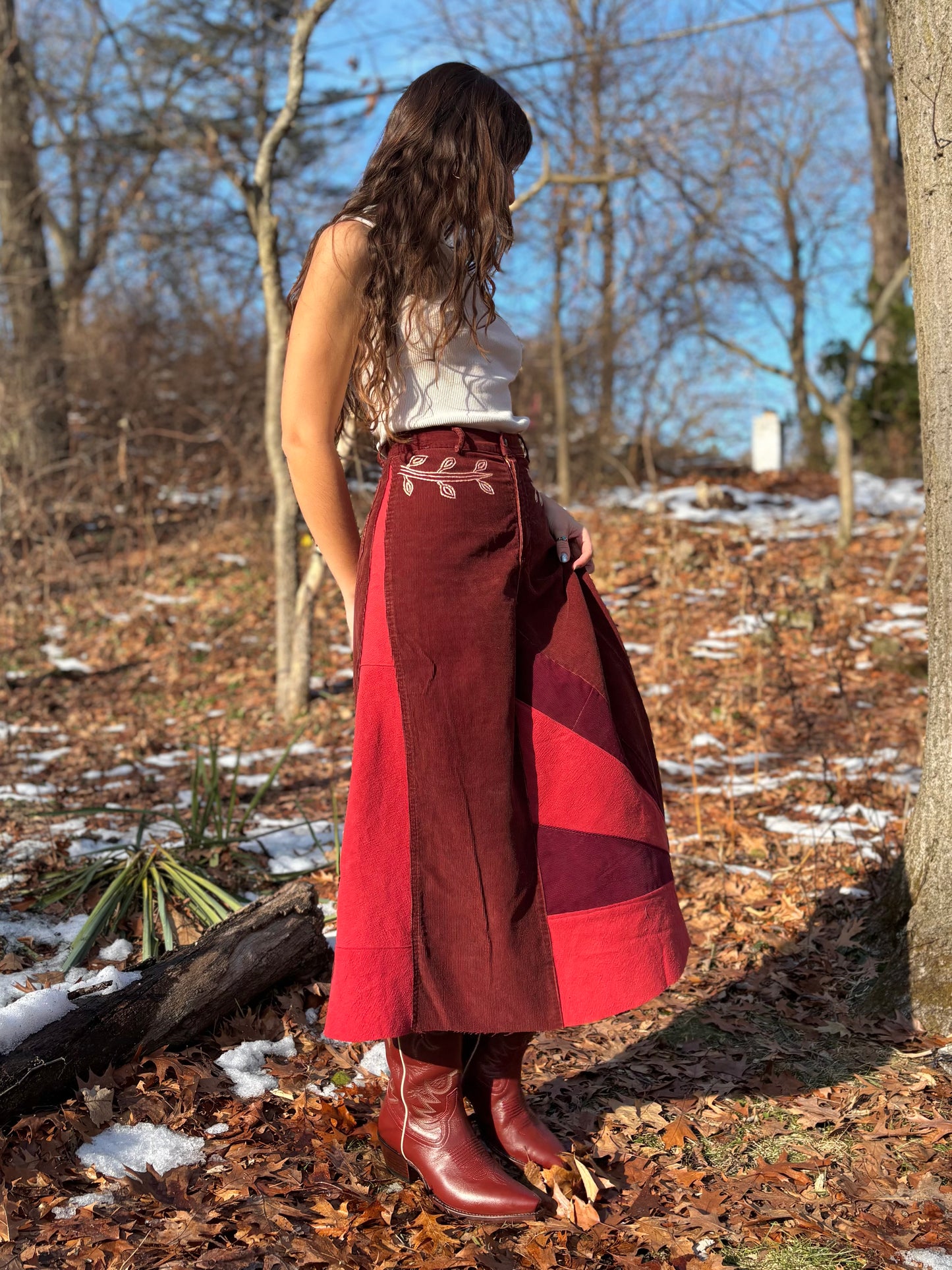 Sunbeam Embroidered Rust Corduroy Skirt