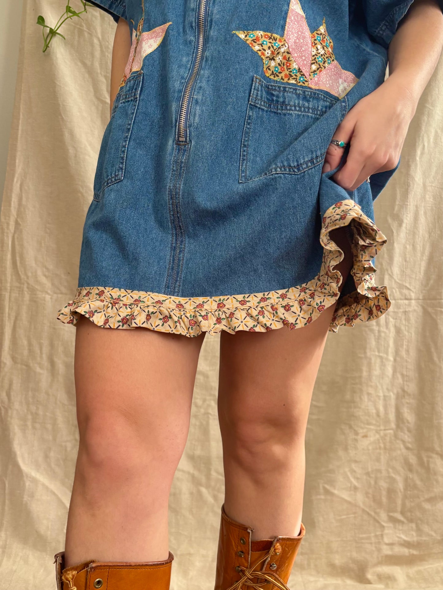 Patched & Embroidered Denim Shirt Dress