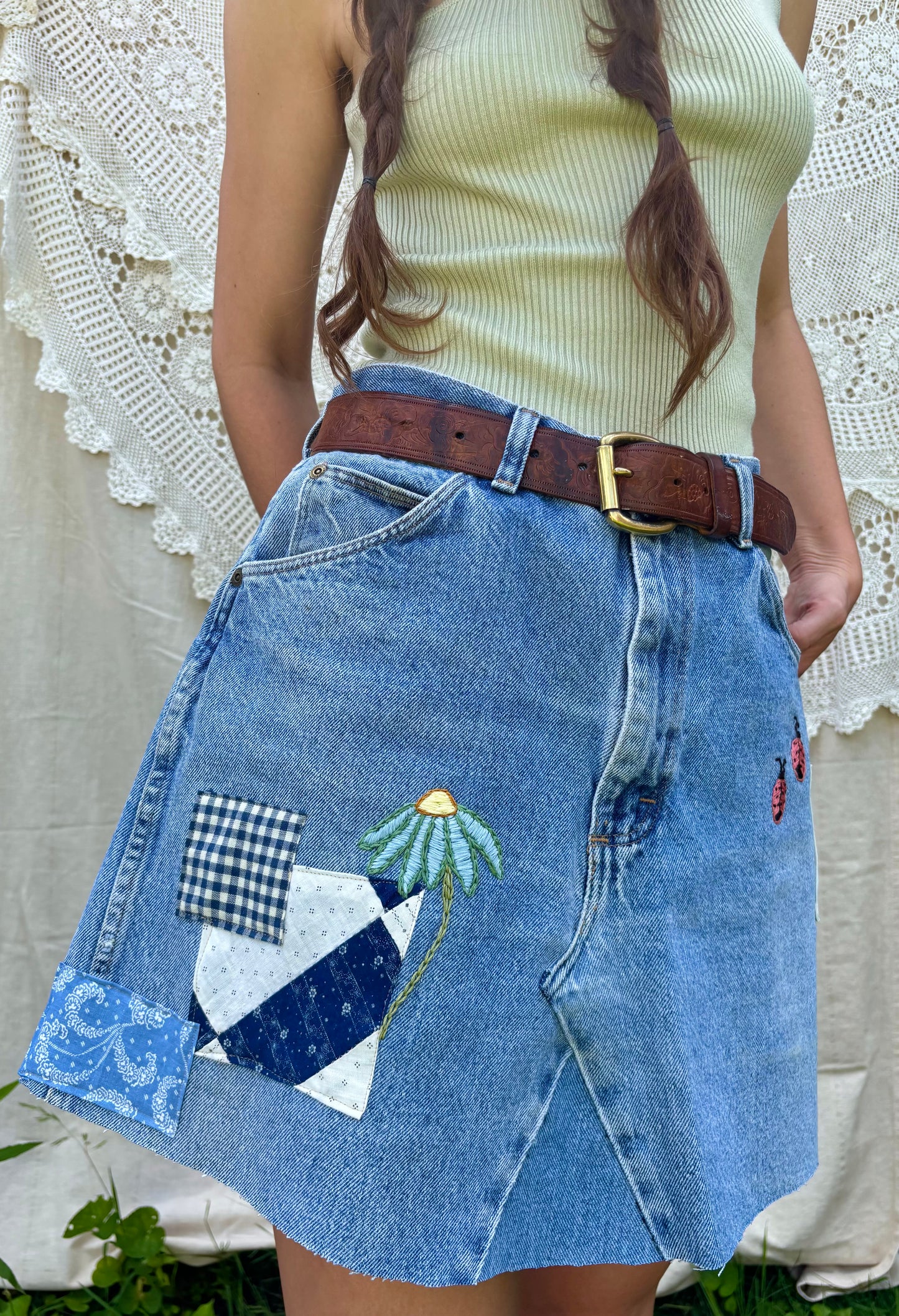 Ladybug Embroidered & Patched Wrangler Mini Skirt