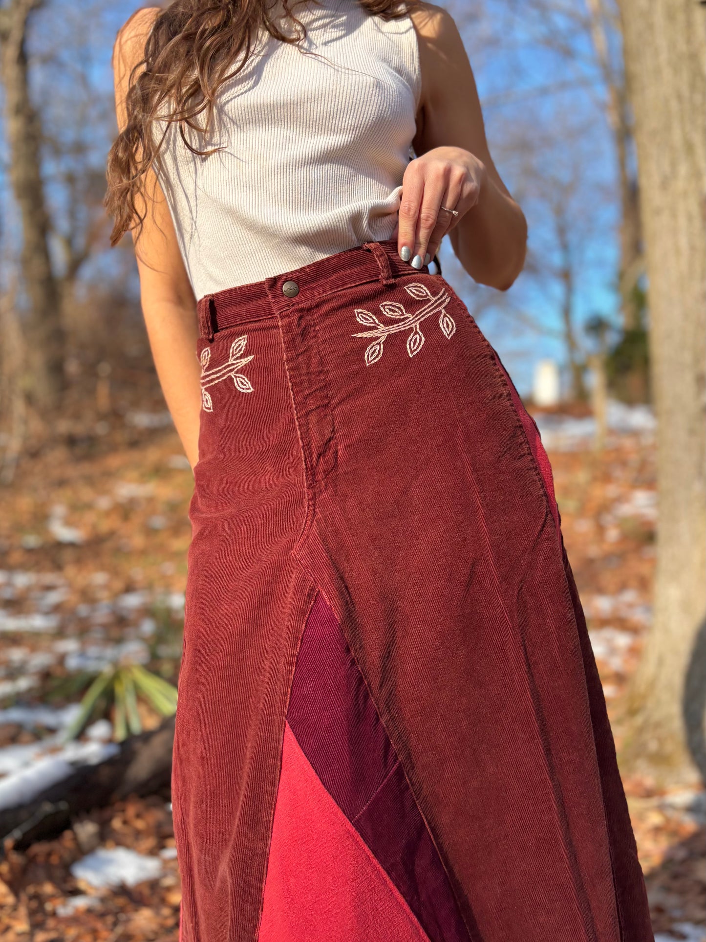 Sunbeam Embroidered Rust Corduroy Skirt