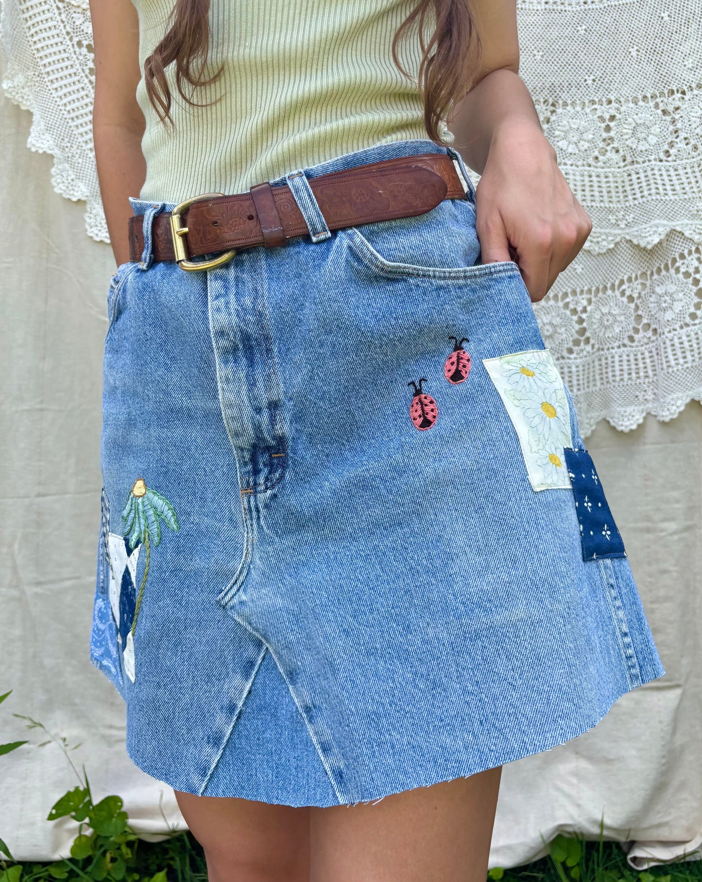 Ladybug Embroidered & Patched Wrangler Mini Skirt