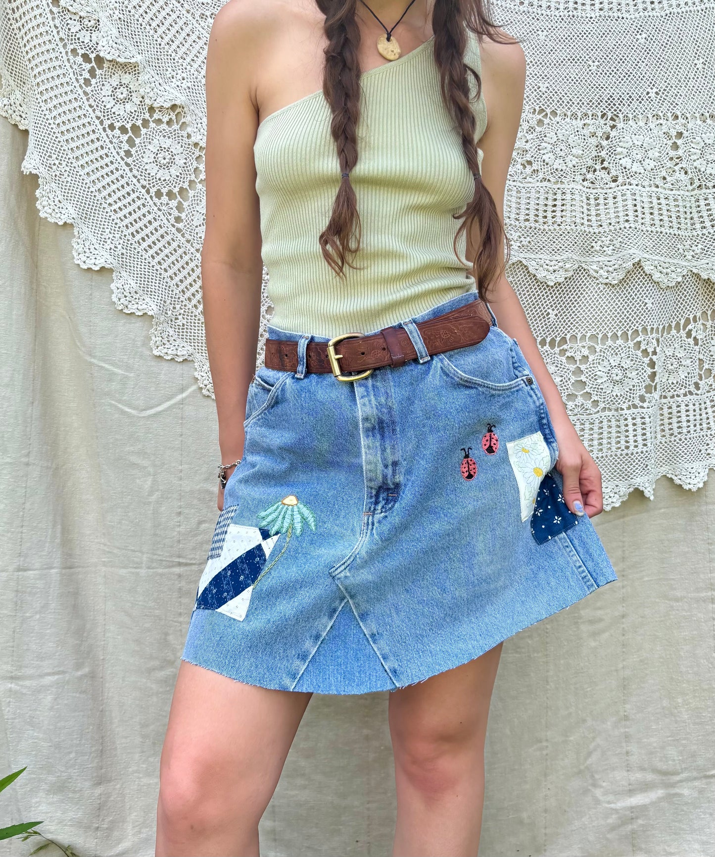 Ladybug Embroidered & Patched Wrangler Mini Skirt
